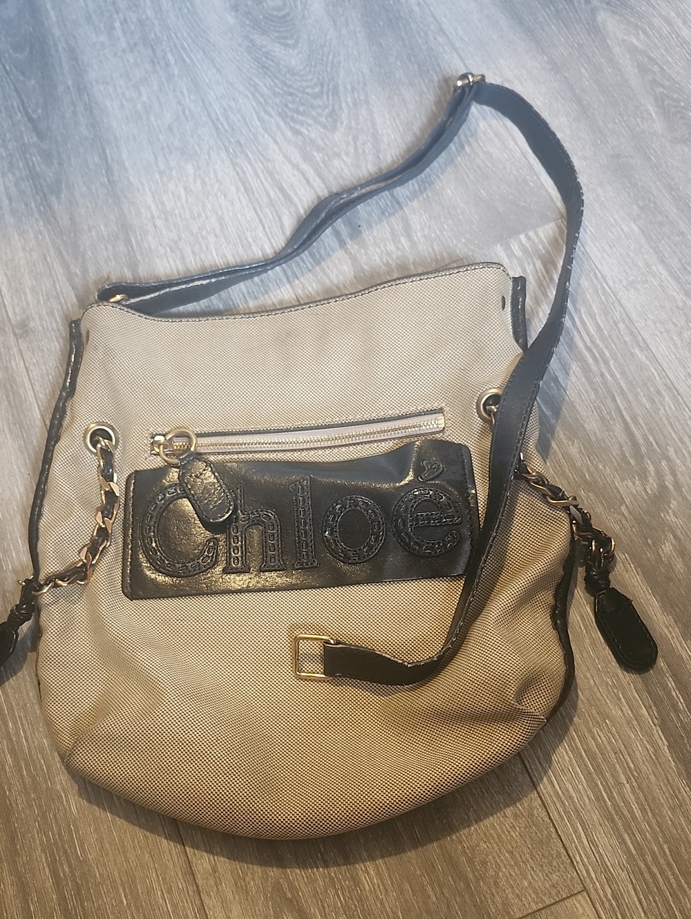 Chloé Beige Canvas Hobo with Black Leather Trim